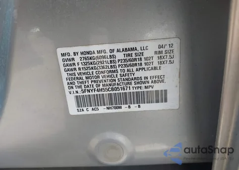 2012 Honda Pilot Ex-L from USA, damaged, VIN 5FNYF4H55CB051671